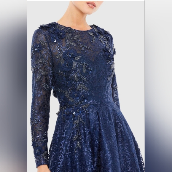 Mac Duggal Embellished Illusion Long Sleeve A Line Gown Navy Sz 4 NWT a11121 - Picture 2 of 14
